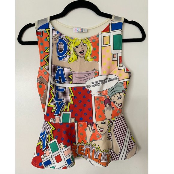 Solemio Tops - Comic Book Strip Peplum Shirt with Sheer Back